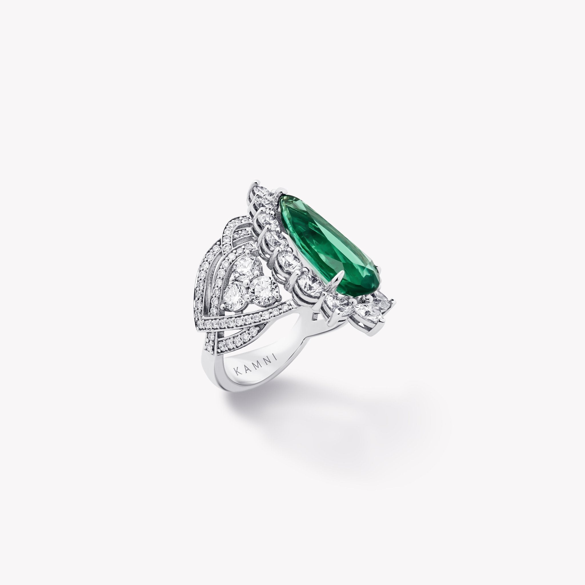PEAR CUT EMERALD AND WHITE DIAMOND RING - KAMNI Jewelry