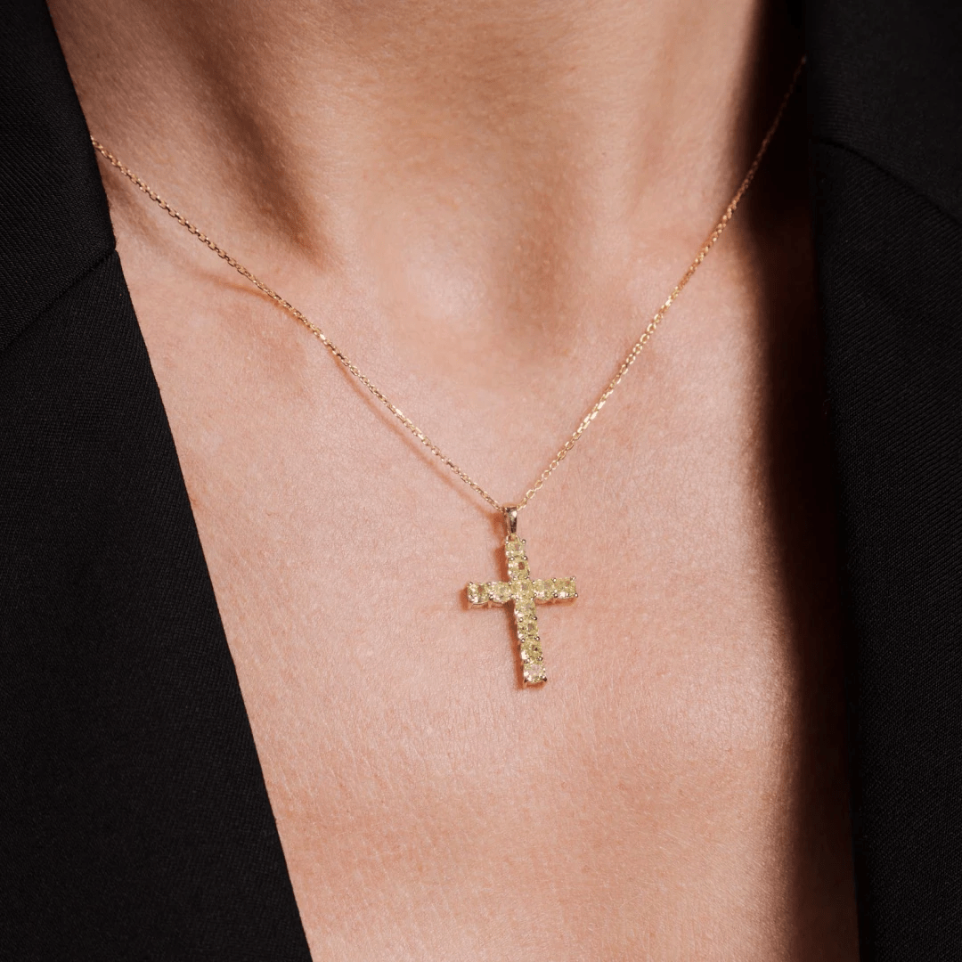 YELLOW CUSHION DIAMOND CROSS PENDANT - KAMNI Jewelry