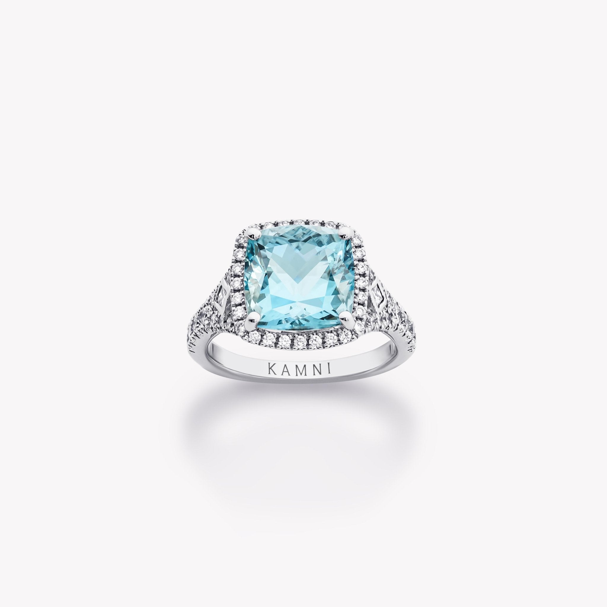CUSHION CUT AQUAMARINE AND DIAMOND RING - KAMNI Jewelry