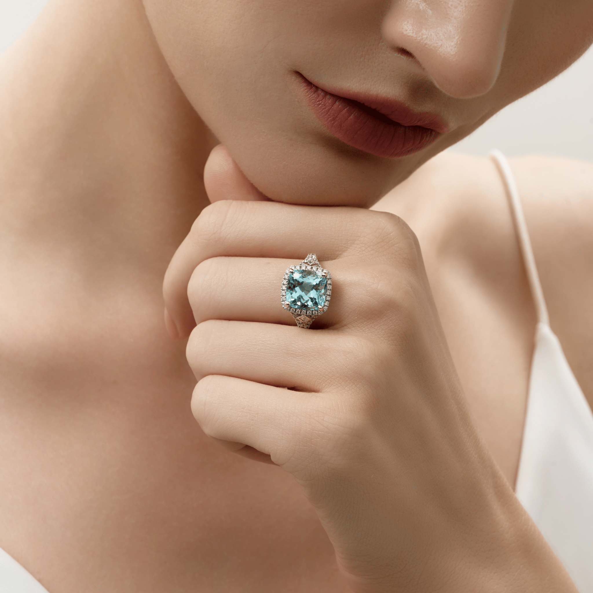 CUSHION CUT AQUAMARINE AND DIAMOND RING - KAMNI Jewelry