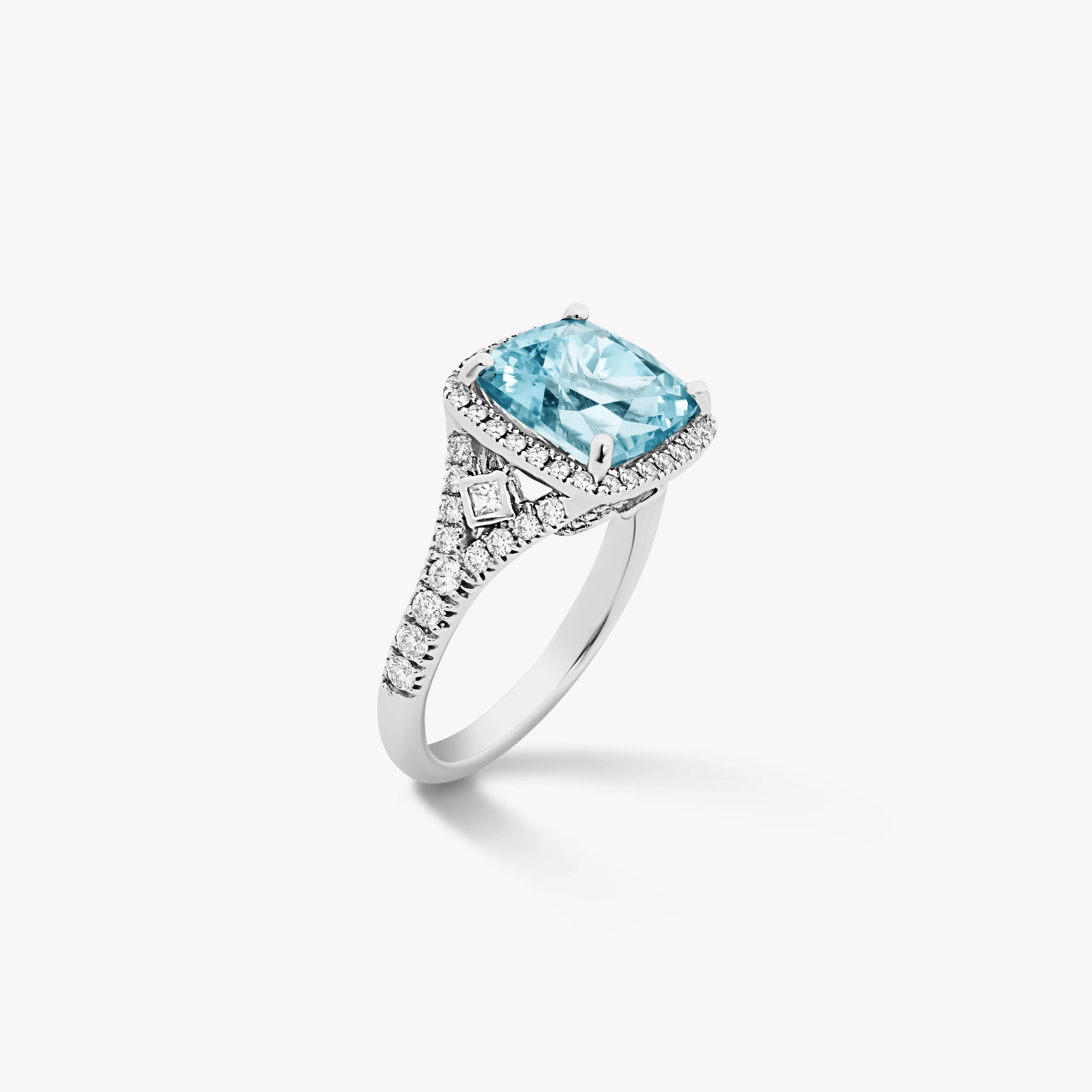 CUSHION CUT AQUAMARINE AND DIAMOND RING - KAMNI Jewelry