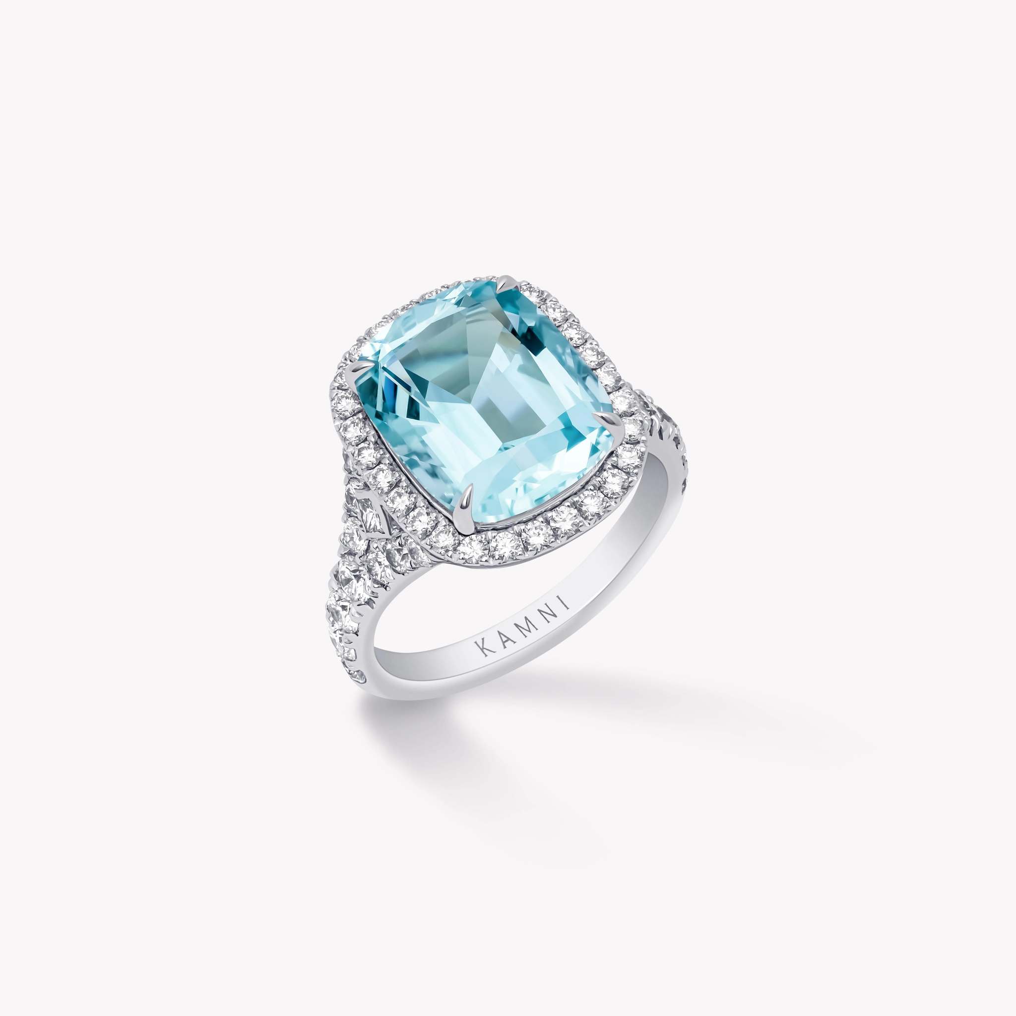 CUSHION CUT AQUAMARINE AND DIAMOND RING