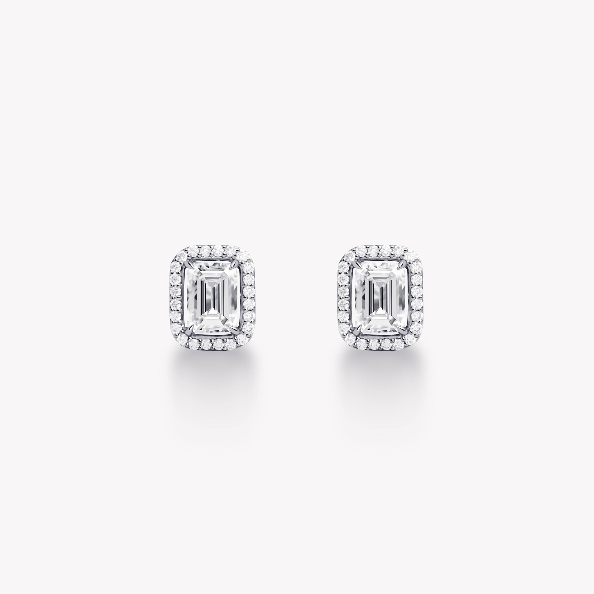 EMERALD-CUT DIAMOND HALO STUD EARRINGS